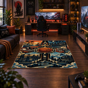 Basketball Trophy in the Clouds Rug displayed in a gaming room