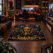 Golden Basketball Trophy City Rug displayed in a gaming room