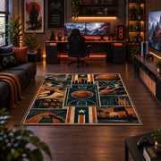 Basketball Court Grid Collage Rug displayed in a gaming room