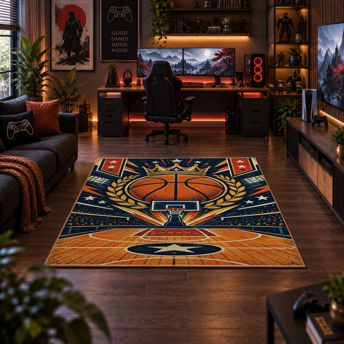 Orange Star Basketball Court Rug displayed in a gaming room