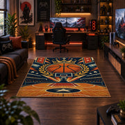 Orange Star Basketball Court Rug displayed in a gaming room
