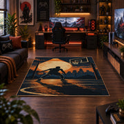 Sunset Street Basketball Silhouette Rug displayed in a gaming room