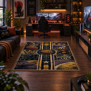 Purple Star Basketball Collage Rug displayed in a gaming room