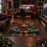 Mythic Basketball Emblem Rug displayed in a gaming room