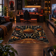 Golden Winged Basketball Rug displayed in a gaming room