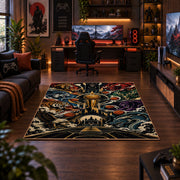 Ornate Basketball Collage Rug displayed in a gaming room