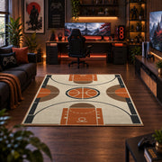 Minimal Basketball Court Diagram Rug displayed in a gaming room