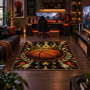 Comic Burst Basketball Rug displayed in a gaming room