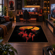 Melting Basketball Skyline Rug displayed in a gaming room