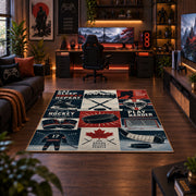 Classic Hockey Collage Rug displayed in a gaming room