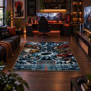 Hockey Goal and Players Collage Rug displayed in a gaming room