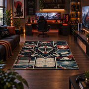Hockey Gear and Rink Collage Rug displayed in a gaming room