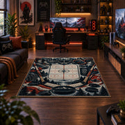 Crossed Hockey Sticks and Puck Rug displayed in a gaming room