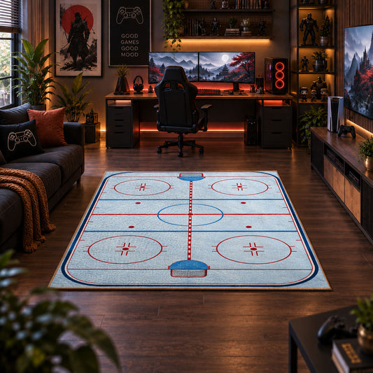 Classic Ice Hockey Rink Diagram Rug displayed in a gaming room