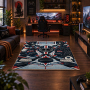 Hockey Puck and Crossed Sticks Emblem Rug displayed in a gaming room