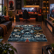 Mountain Hockey Compass Rug displayed in a gaming room