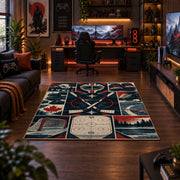 Hockey Rink Panel Collage Rug displayed in a gaming room