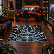 Frozen Mountain Hockey Goal Rug displayed in a gaming room