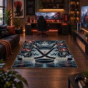 Crossed Hockey Sticks Frozen Rink Rug displayed in a gaming room