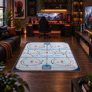 Bright Classic Hockey Rink Rug displayed in a gaming room