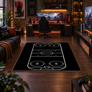 Minimal Black Hockey Rink Rug displayed in a gaming room