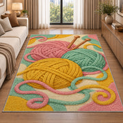 Yarn Balls and Knitting Needles Rug in a bright living room with a sofa