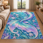 Shimmering Mermaid Tail Rug in a bright living room with a sofa
