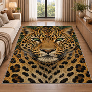 Leopard Face Close-Up Rug in a bright living room with a sofa