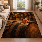 Oak Barrel and Whiskey Rug in a bright living room with a sofa
