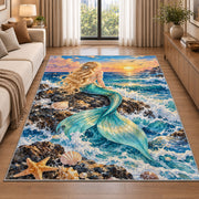Mermaid on the Rock Rug in a bright living room with a sofa