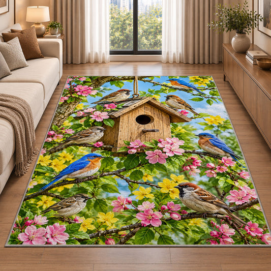 Birdhouse and Songbirds Rug in a bright living room with a sofa