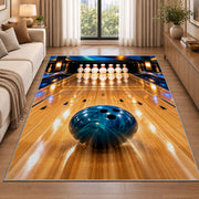 Bowling Lane Perspective Rug in a bright living room with a sofa