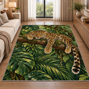 Leopard Resting on Tree Branch Rug in a bright living room with a sofa
