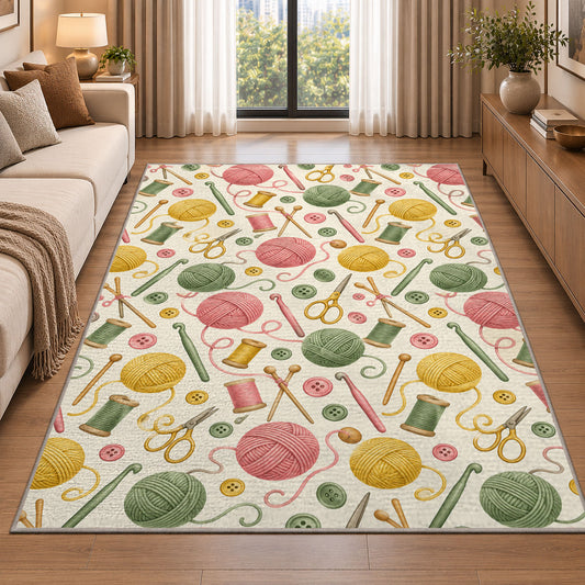 Knitting Tools Pattern Rug in a bright living room with a sofa
