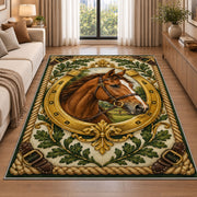 Horse Head in Horseshoe Rug in a bright living room with a sofa