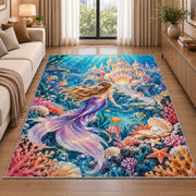 Underwater Castle Mermaid Rug in a bright living room with a sofa