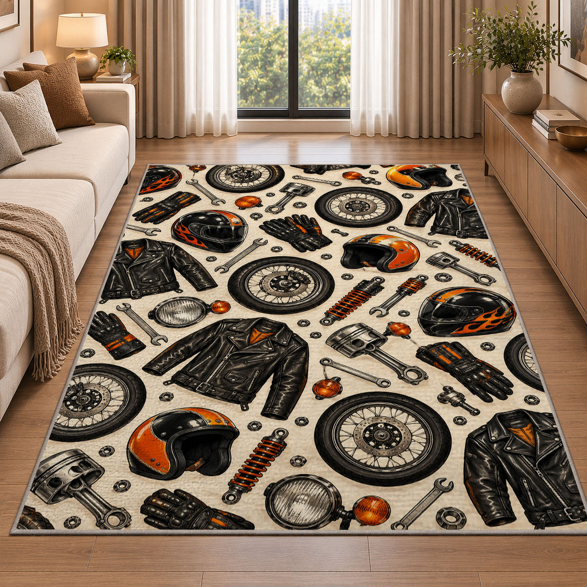 Biker Gear Pattern Rug in a bright living room with a sofa
