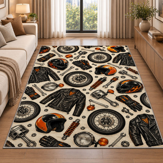 Biker Gear Pattern Rug in a bright living room with a sofa