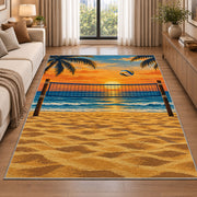 Beach Volleyball Sunset Rug in a bright living room with a sofa