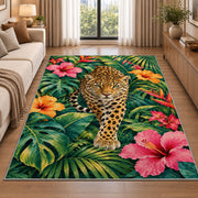 Leopard in Tropical Leaves Rug in a bright living room with a sofa