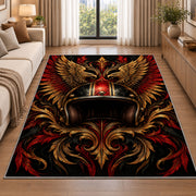 Winged Motorcycle Helmet Rug in a bright living room with a sofa