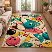 Retro 50s Bowling Rug in a bright living room with a sofa