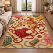 Kitten Playing with Yarn Rug in a bright living room with a sofa