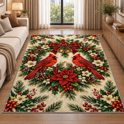 Two Cardinals and Wreath Rug in a bright living room with a sofa