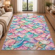 Mermaid Scales and Shells Pattern Rug in a bright living room with a sofa