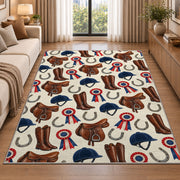 Equestrian Gear Pattern Rug in a bright living room with a sofa