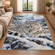 Snow Leopard Mother and Cub Rug in a bright living room with a sofa