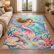 Baby Mermaid and Dolphin Nursery Rug in a bright living room with a sofa