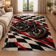 Racing Motorcycle Checkered Rug in a bright living room with a sofa