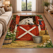 Red Barn Door Horse Rug in a bright living room with a sofa